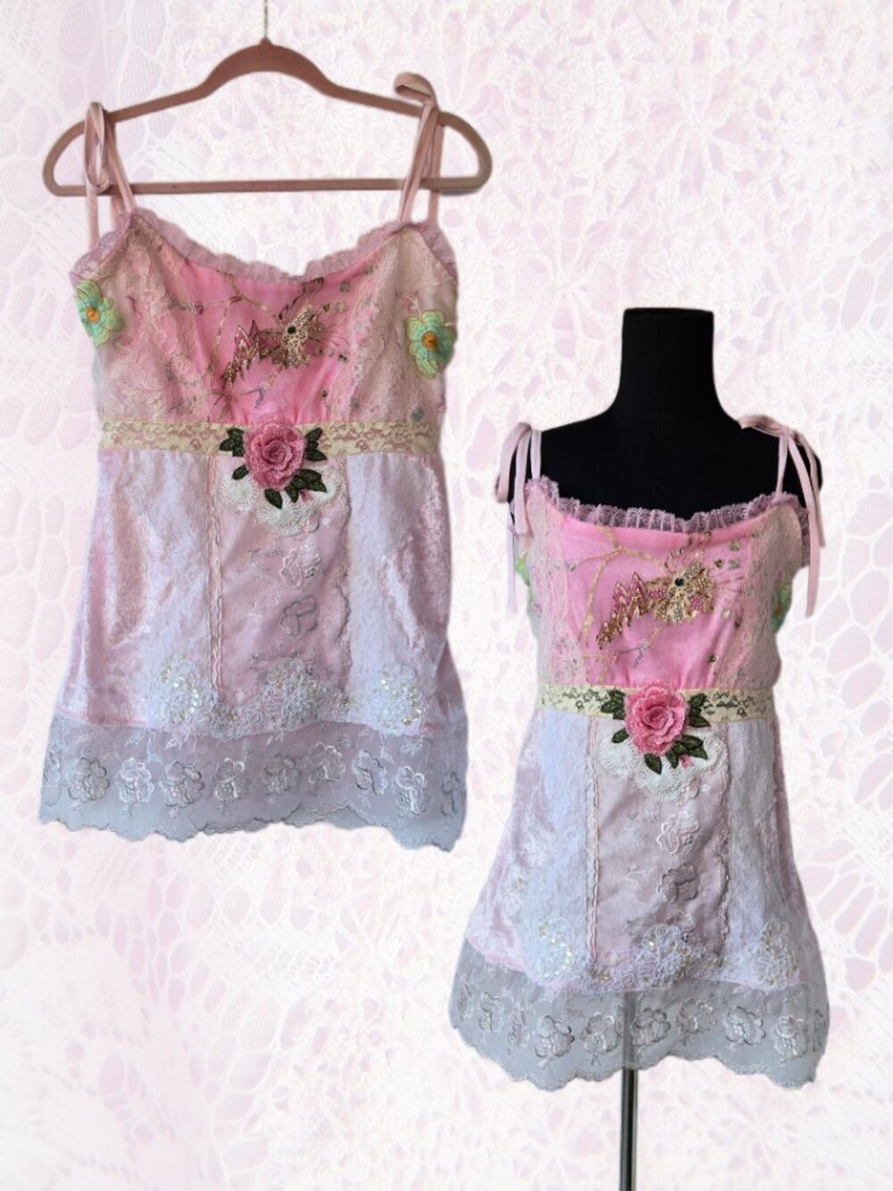 Handmade Whimsical Pink & Cream Velvet Embroidered Tunic Top Balletcore